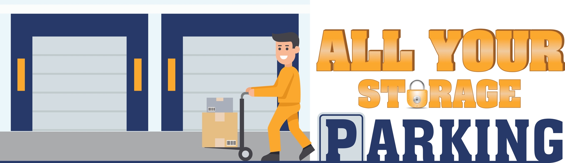 A illustration of a man moving some boxes towards a storage unit with the stylized text logo for 'All Your Storage' to the right of it